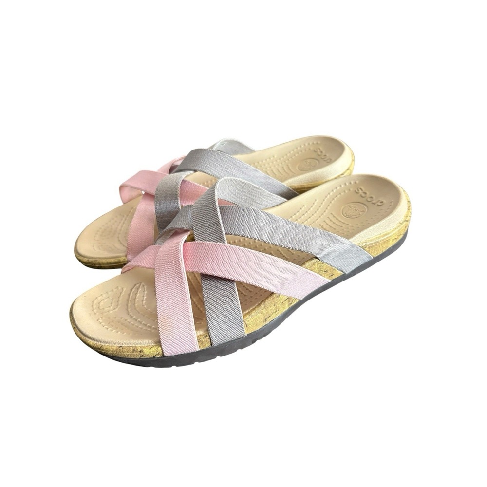 Crocs Edie Stretch Comfort Grey & Pink Slip On Sandals Women's Size 7 Strappy